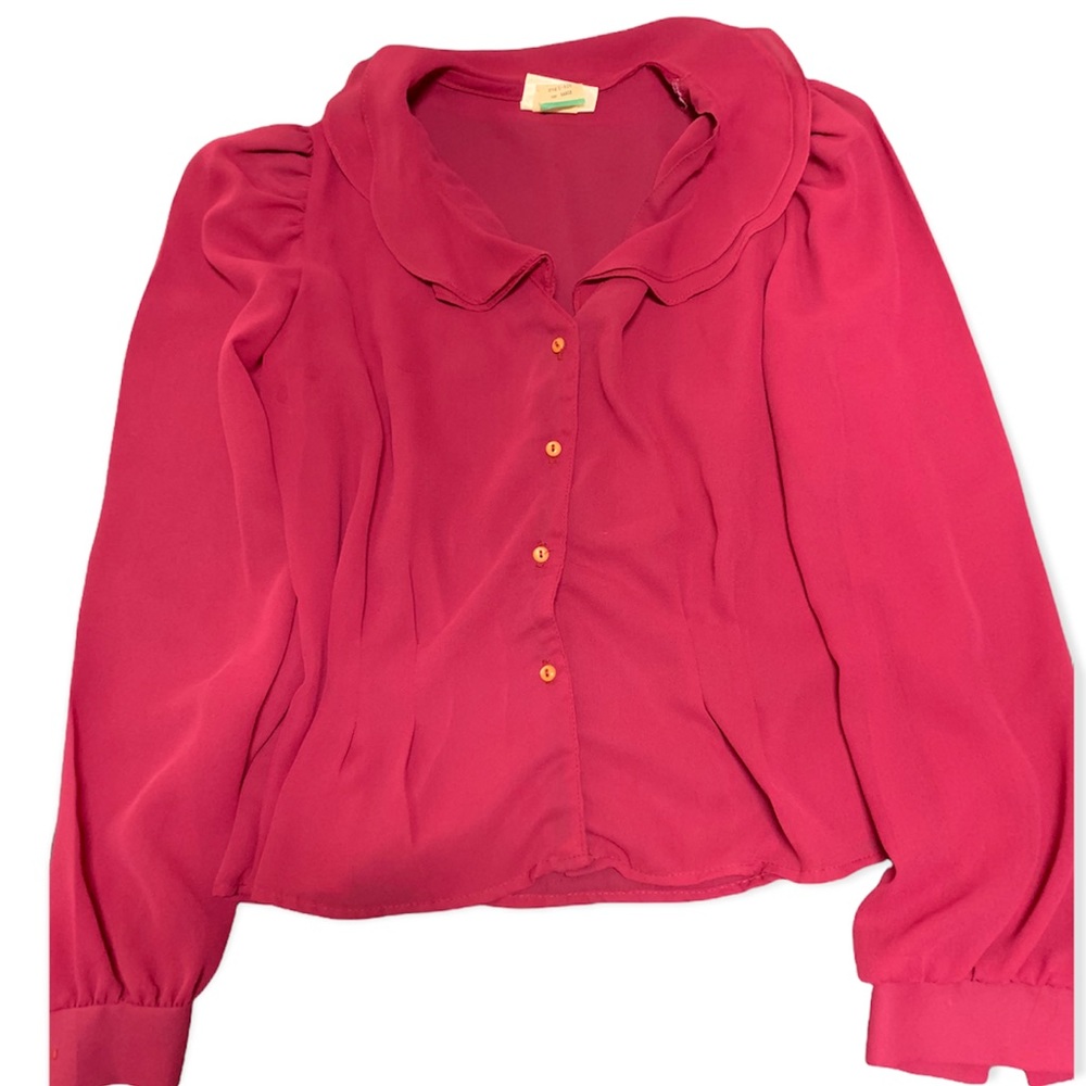 VINTAGE Ms. Paquette | Ruffle Collar Puff Shoulder Long Sleeve Button Up | L